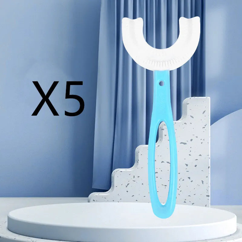 Children's U-shaped soft rubber toothbrush in pink and blue colours for milk teeth cleaning