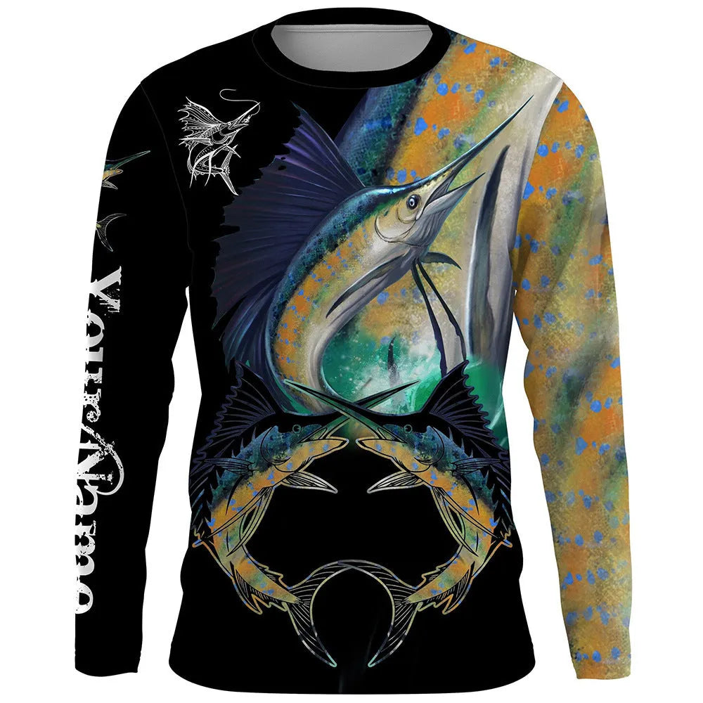 Men's grey pullover sweater with a detailed all-over fish print, featuring a round neck and long sleeves.