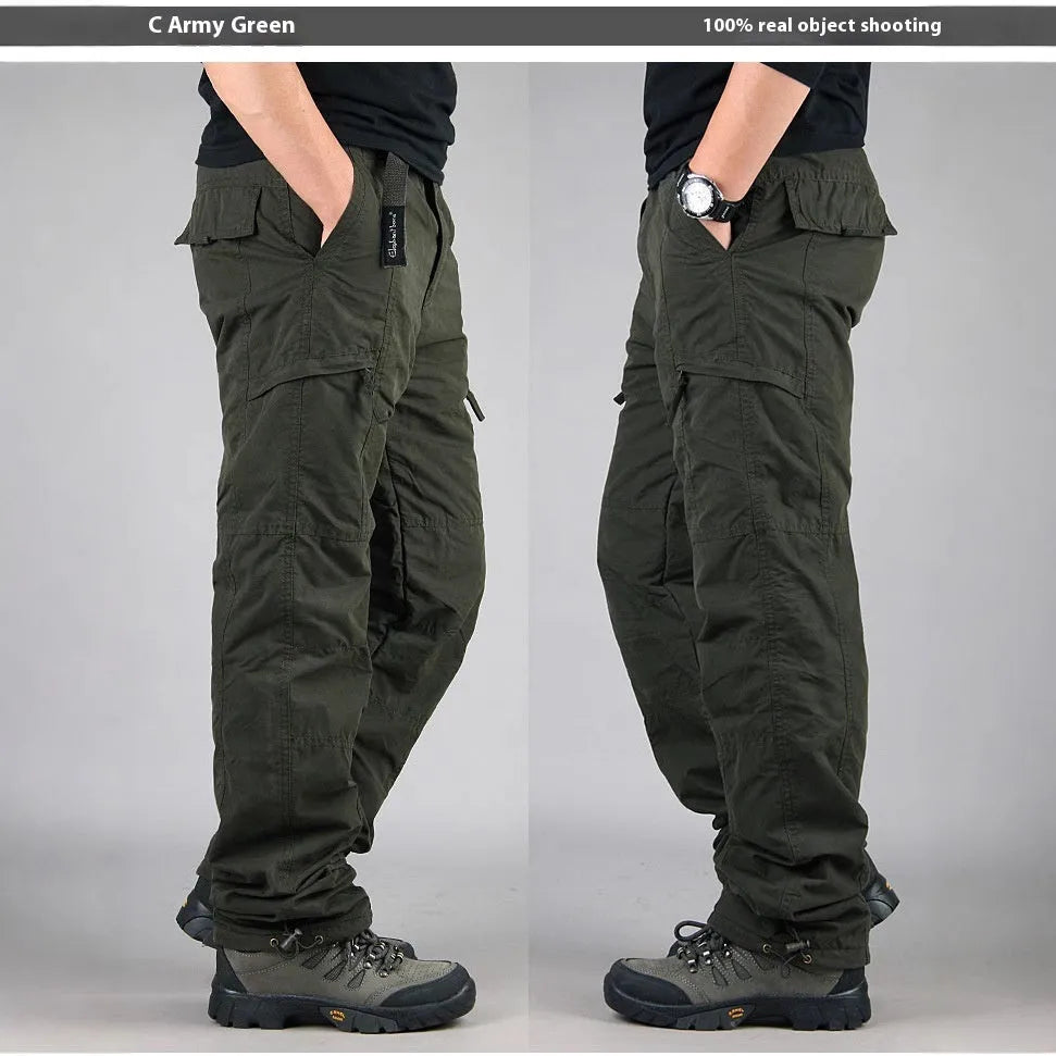 Men's stone washed cotton overalls with velvet lining in khaki, shown in a loose, straight-leg fit.