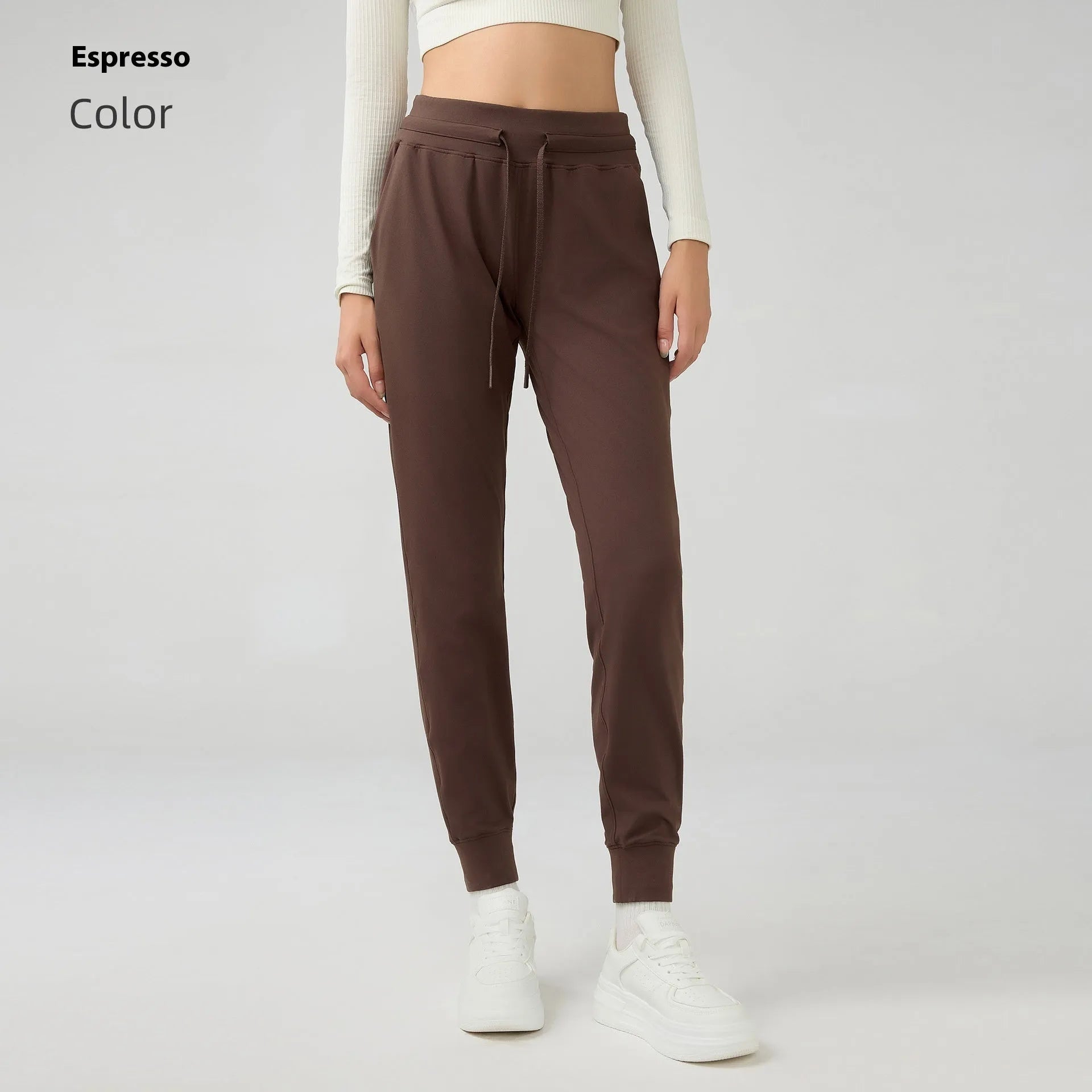 Women's high waist yoga pants with drawstring waistband in various colours