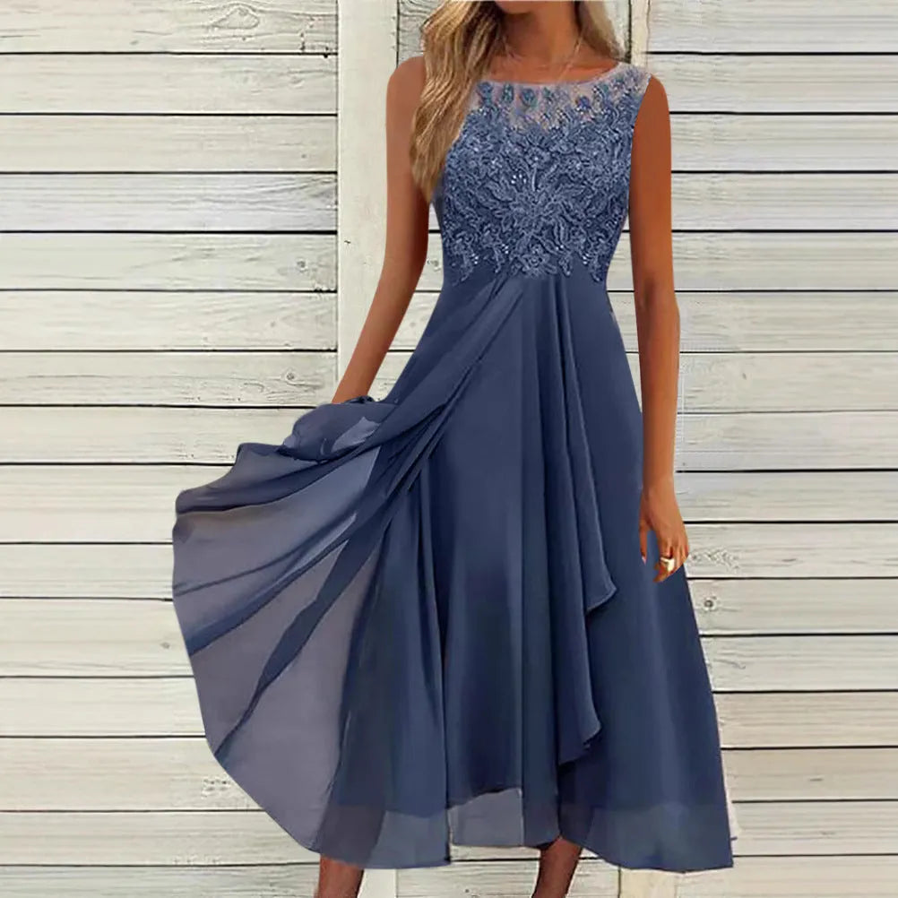 Women's sleeveless chiffon dress with lace hollow-out detailing in green, purple or blue colours