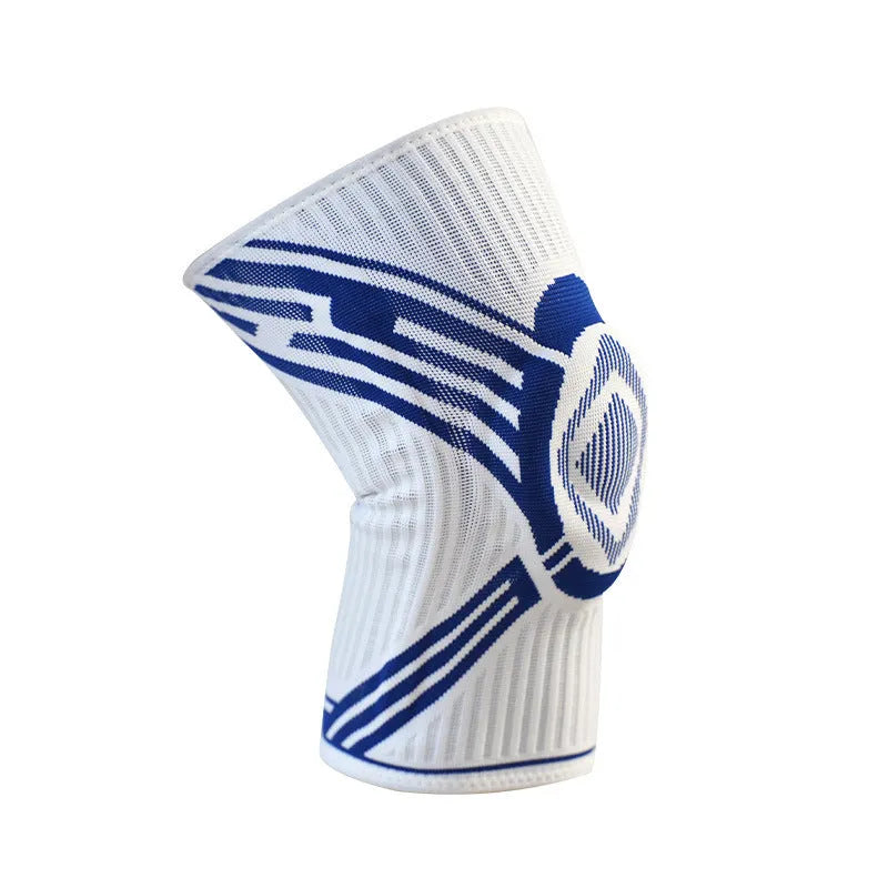 A blue cotton knee pad for adult sports like basketball and running, showing its elastic fit.