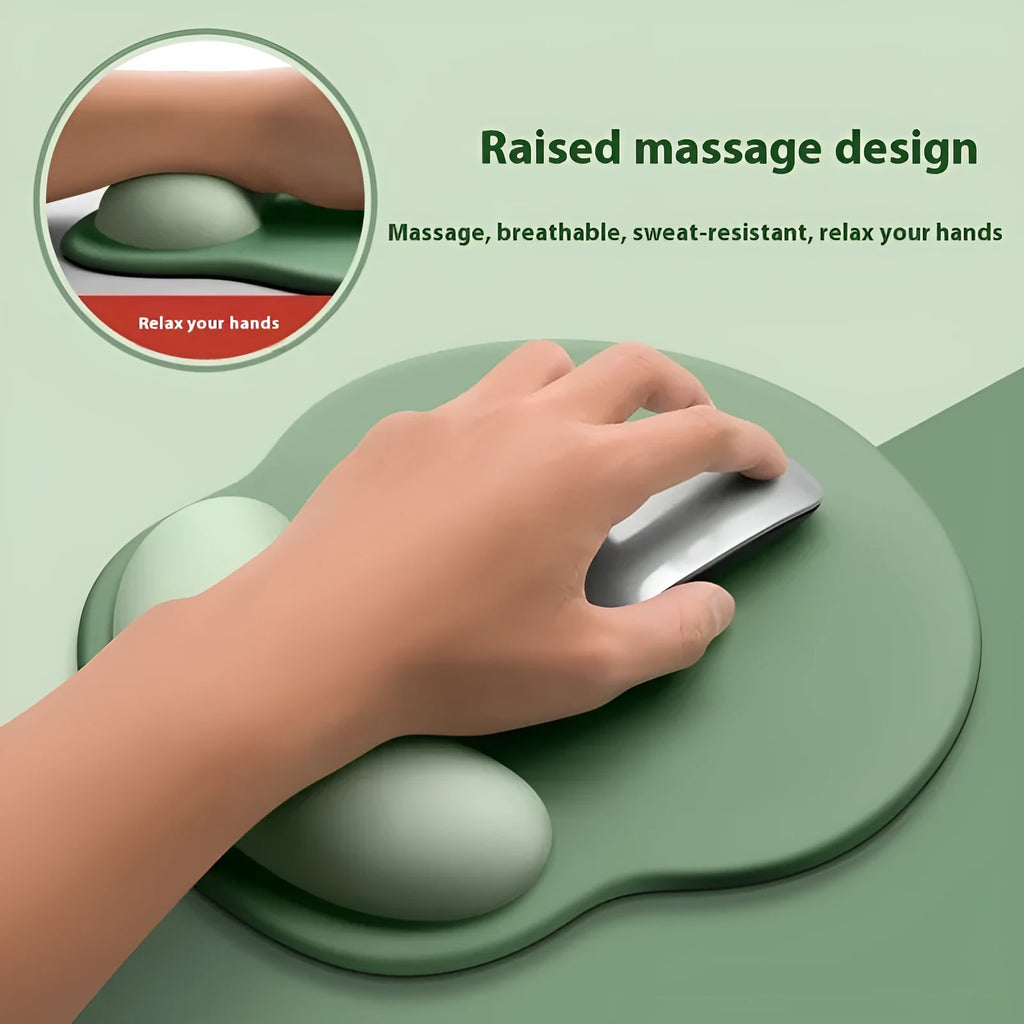 Silicone mouse mat with attached gel wrist support in a gradient blue colour on a desk.