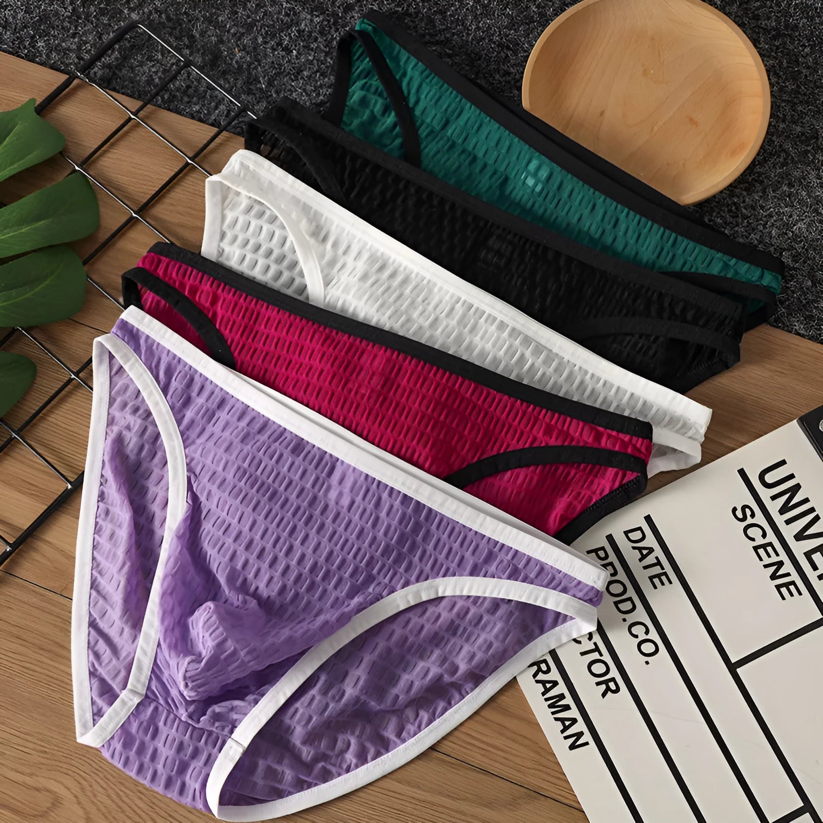 Men's low waist transparent lace underwear in black with quick-drying nylon fabric