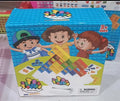 Plastic balance stacking board game with 16 colourful blocks, chassis, and base in a 26.5cm square box.