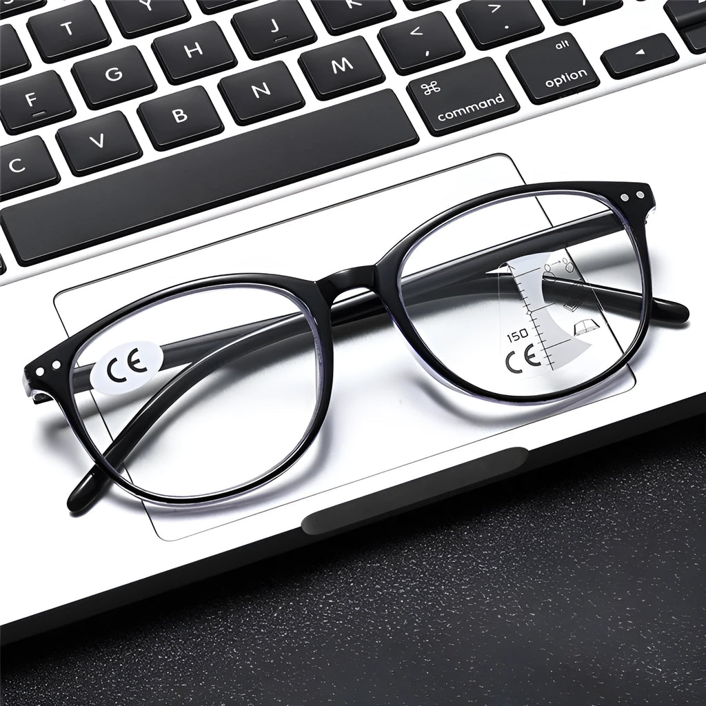 Ultra-light metal frame multi-focus presbyopic glasses for women in a champagne box colour.