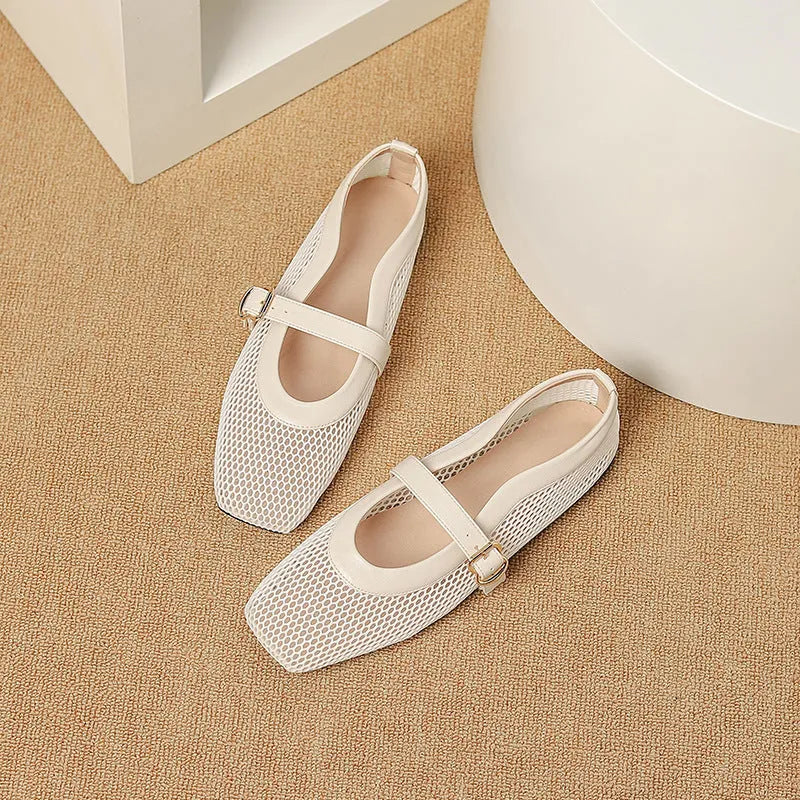 Women's beige mesh summer pump with square toe and buckle closure on a low flat heel.