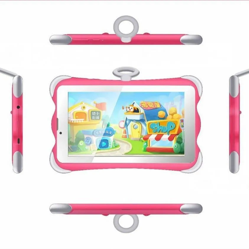 7-inch children's learning tablet in cartoon colours, shown with its foldable stand open, on a table.