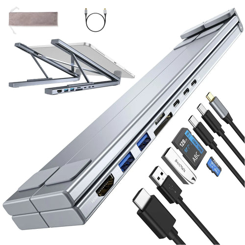 Aluminum folding laptop docking station with 8-in-1 multi-interface hub and 0.6m cable