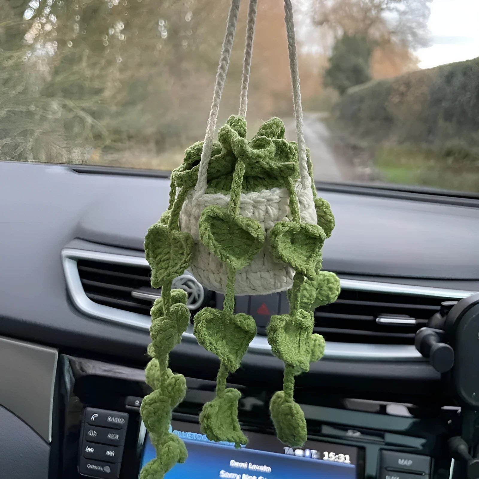 Green and white knitted wool car plant decoration with 25cm hanging rope