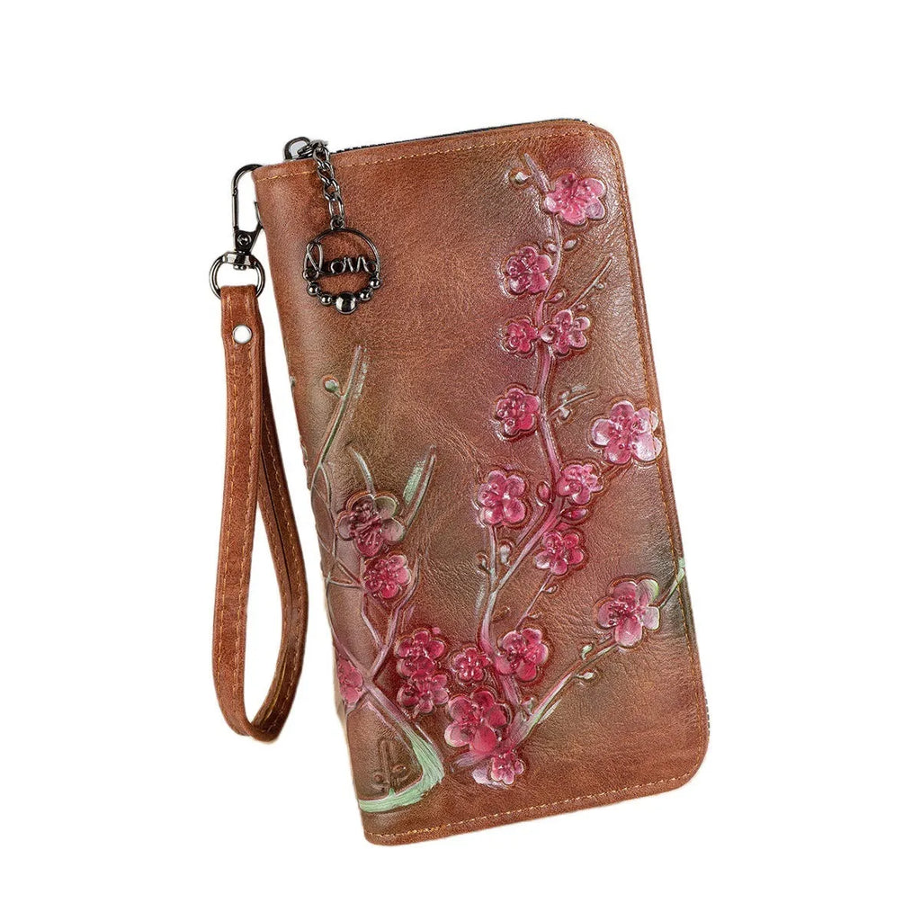 Embossed floral handbag with hand-painted Chinese details and zipper closure in black, brown, or coffee
