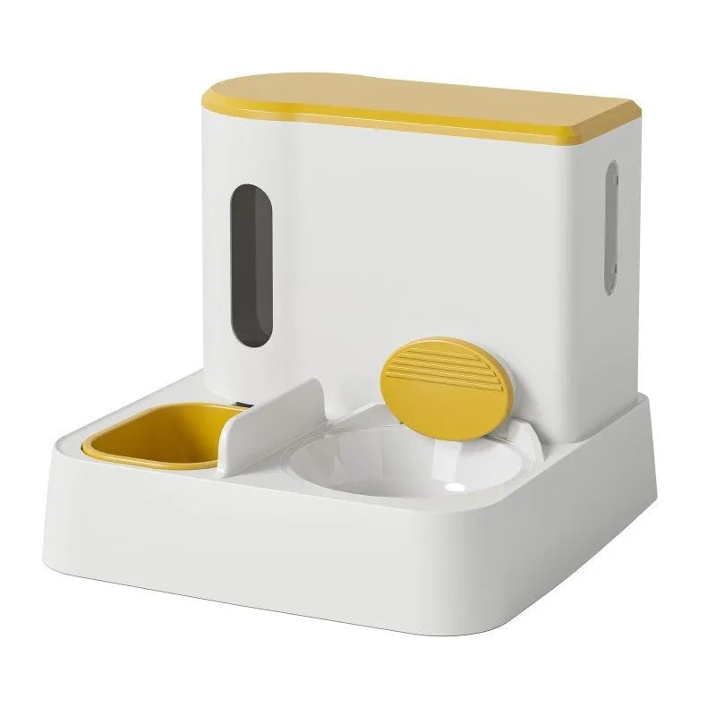 Automatic cat feeder with integrated water dispenser showing grey, green, and yellow colour options