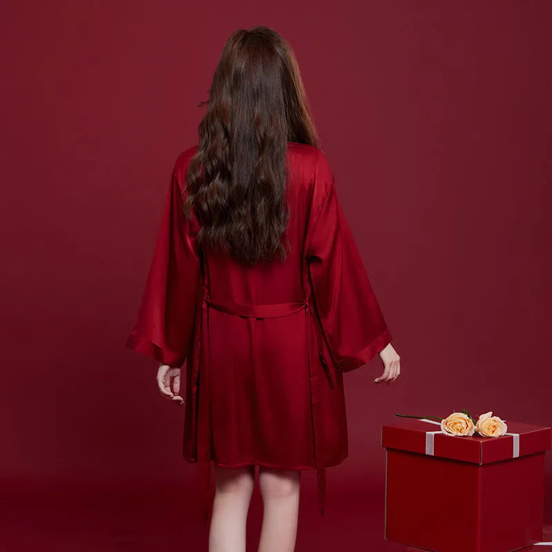 Red ice silk polyester pyjama set for men and women with long sleeves and trousers