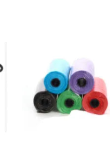 Pet waste bags in six colours showing black, blue, green, light blue, pink and red options