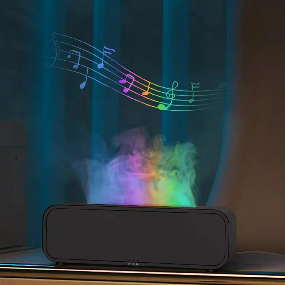 Black and white flame dynamic aroma diffuser with remote control on wooden table