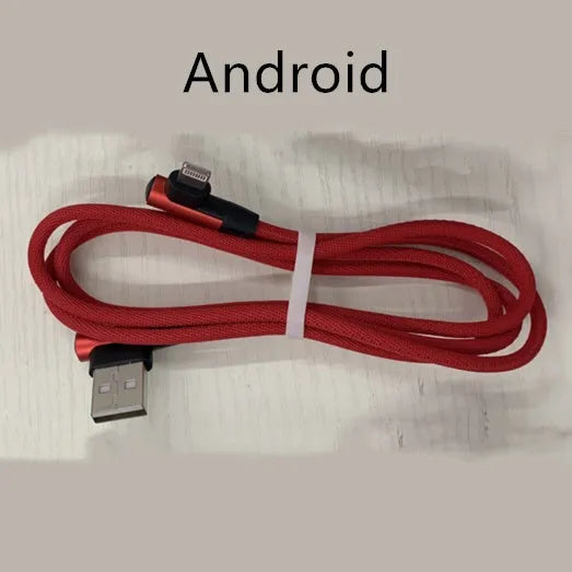 USB fast charging cable with denim fabric sleeve, showing Android and Type C connector options in red colour.