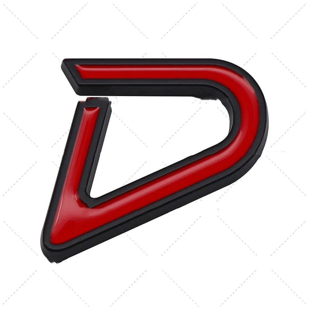 Metal car sticker badge showing SD and D design options in red and silver and red and black colours.