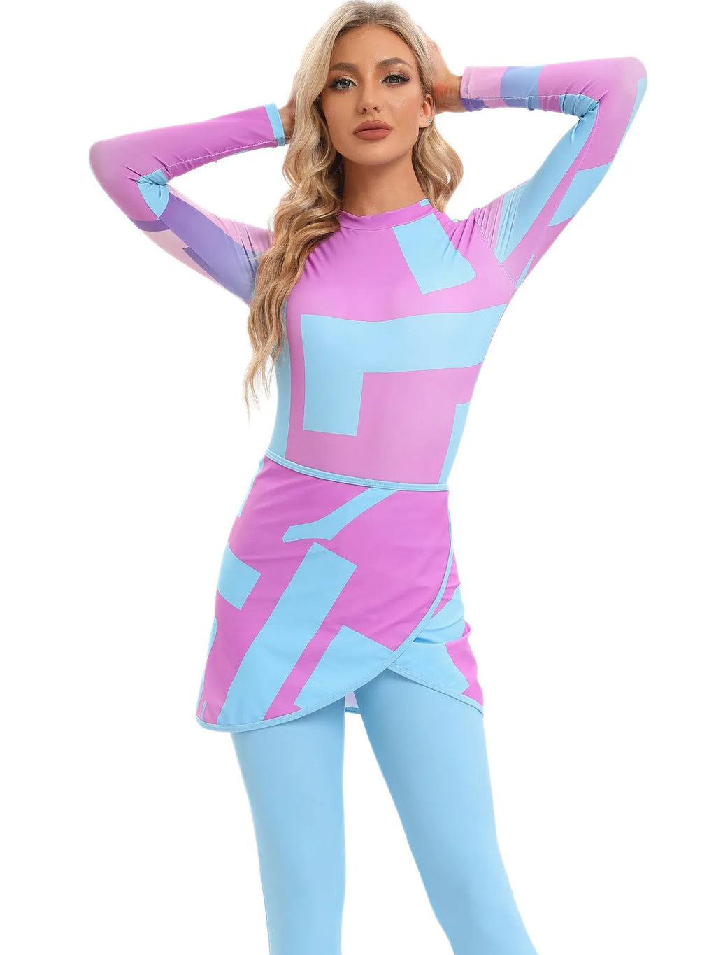 Conservative swimsuit three-piece set with apron in fresh pattern design
