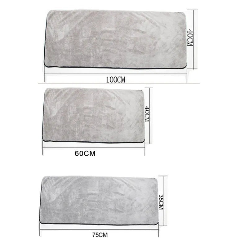 Microfiber car drying towel set showing size options: 75cm by 35cm, 60cm by 40cm, and 100cm by 40cm.