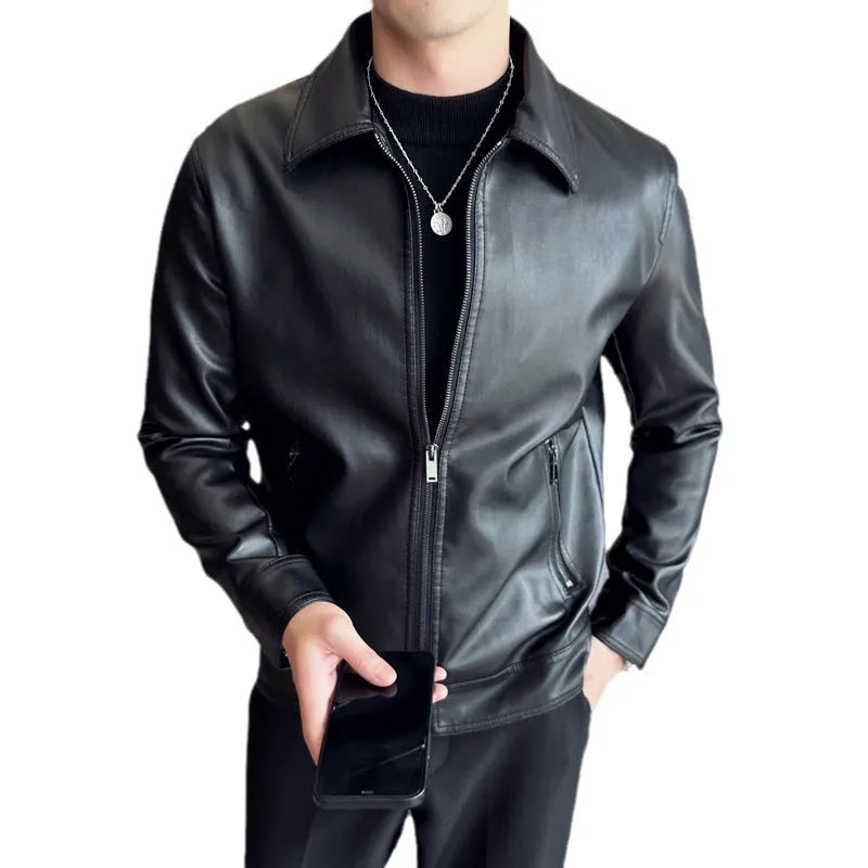 Men's black PU leather windproof jacket with zipper pockets in loose fit style