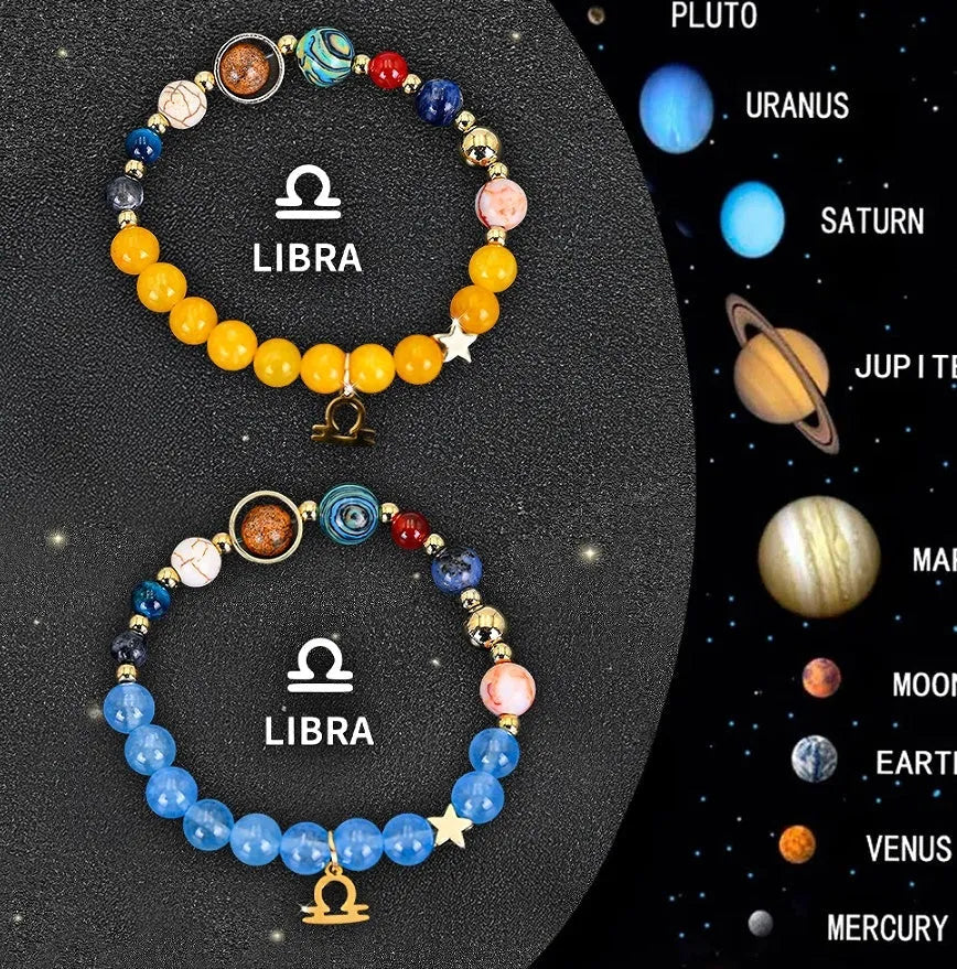 Natural stone beaded bracelets for twelve zodiac signs in two-piece astrology jewellery set