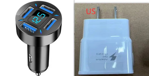 Four-port USB car charger with digital display for vehicle use