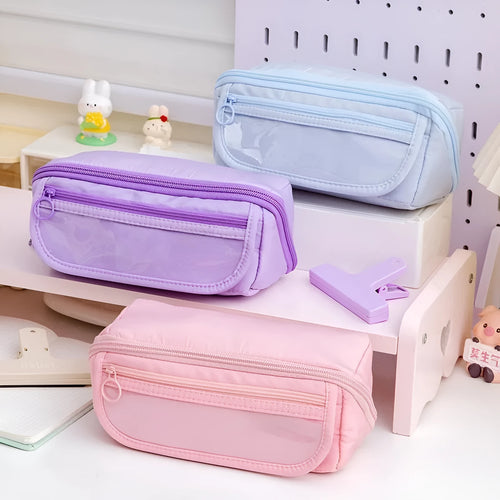 Korean-style canvas pencil case with a ten-layer flip design shown in various colours.