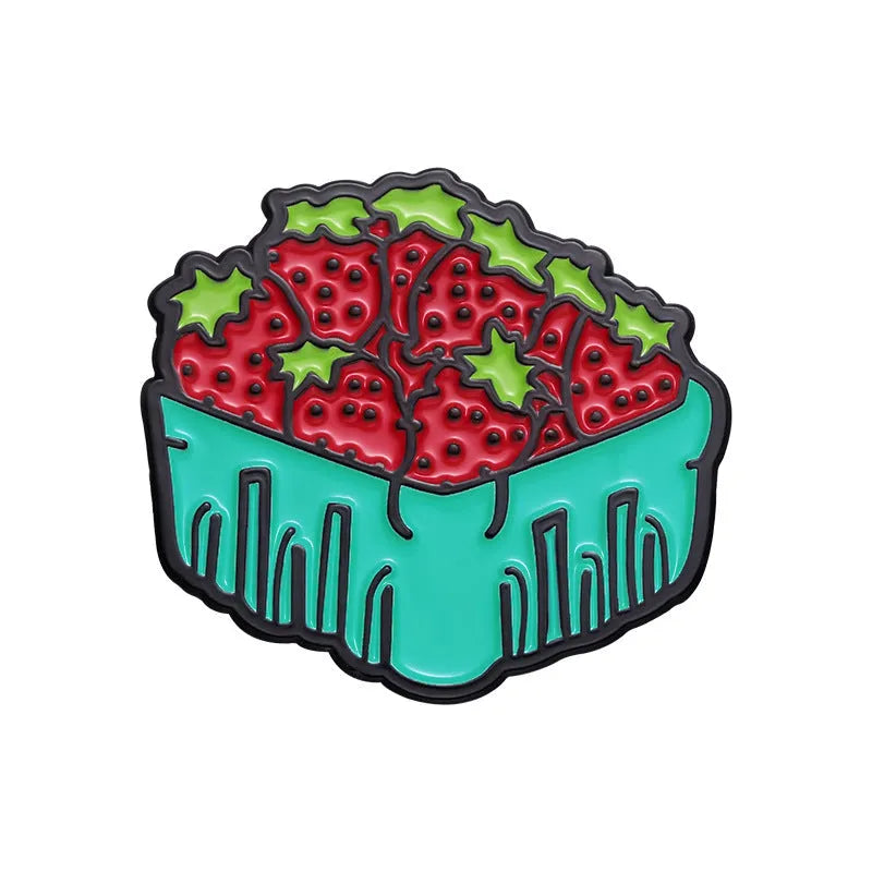 Colourful cartoon fruit design metal brooch with letters on a zinc alloy pin.
