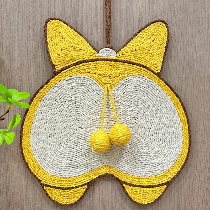 Yellow corgi design sisal cat scratching board with anti-slip base measuring 37 by 40 centimetres