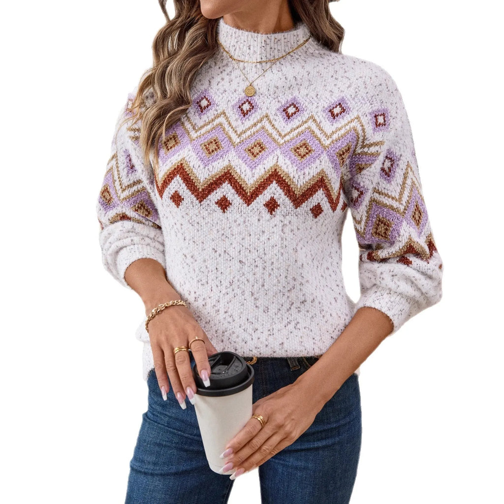White geometric pattern Jacquard sweater with half turtleneck and loose street fashion fit
