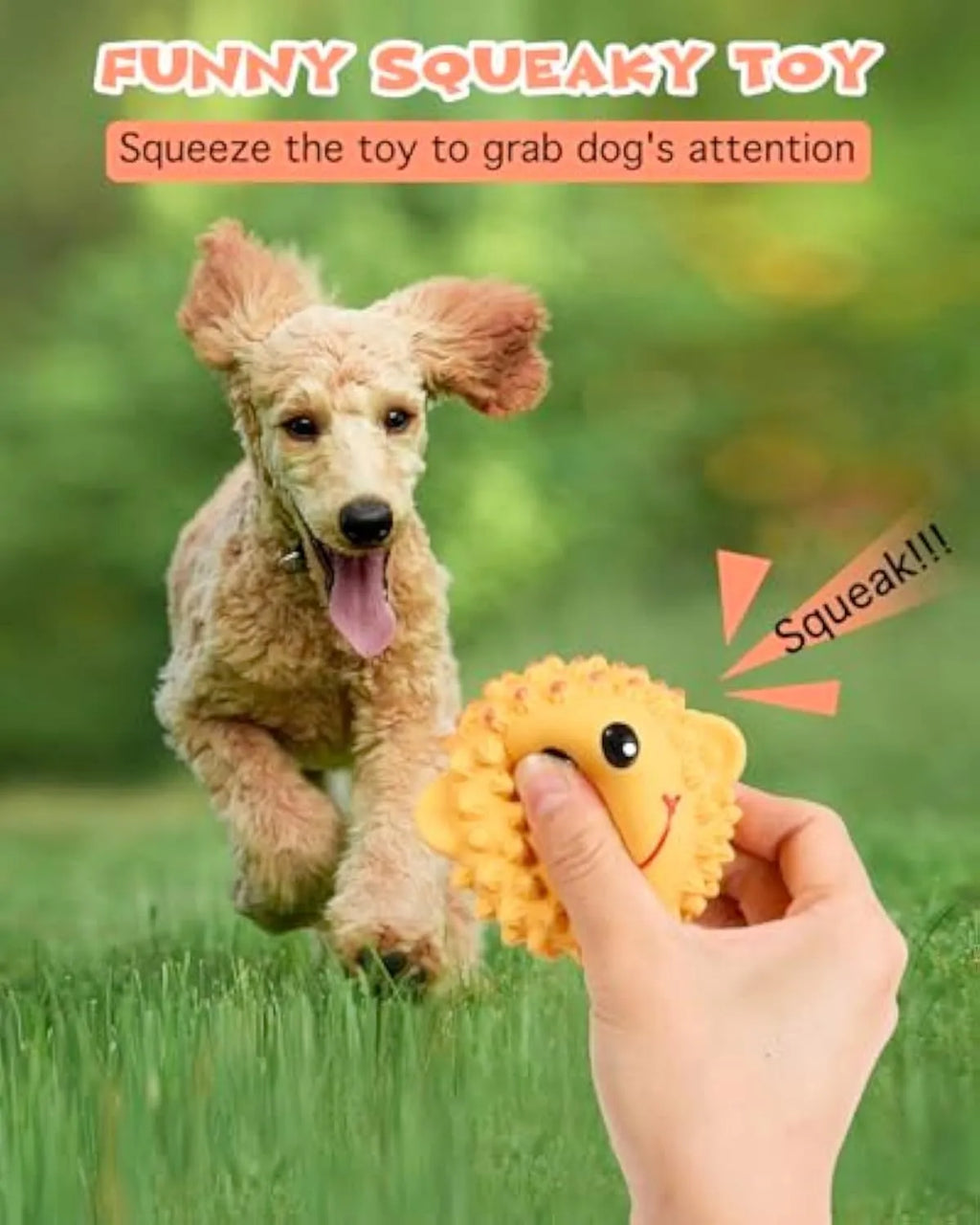 Orange and yellow latex dog toys with spiky surfaces and animal designs