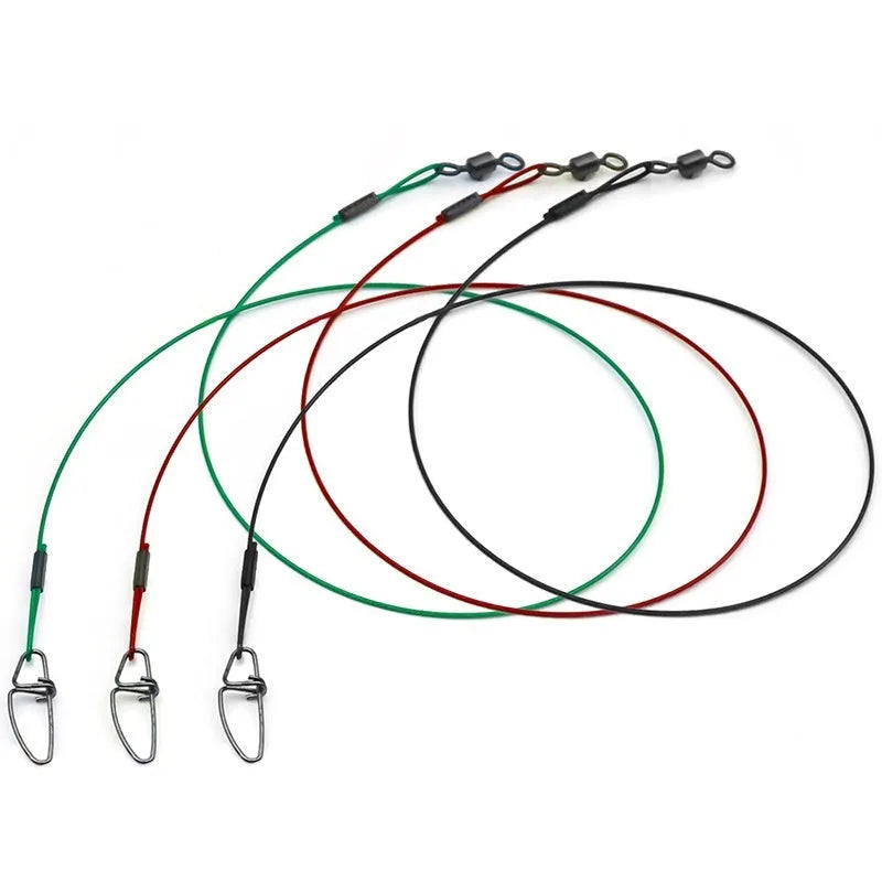 54cm green anti-bite fishing steel wire with a double buckle pin on a blue background.