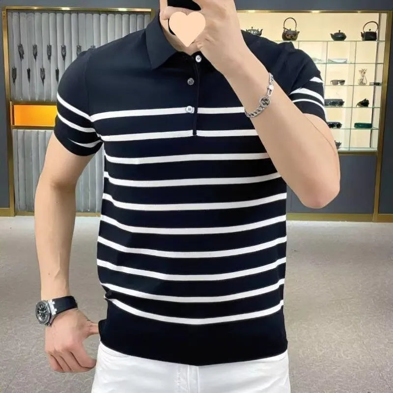 Black and white striped lapel knitted long sleeve T-shirt, crew neck pullover style.