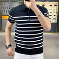Black and white striped lapel knitted long sleeve T-shirt, crew neck pullover style.