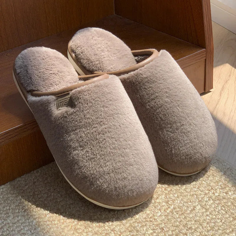 Solid colour winter plush slippers with PVC construction and non-slip sole