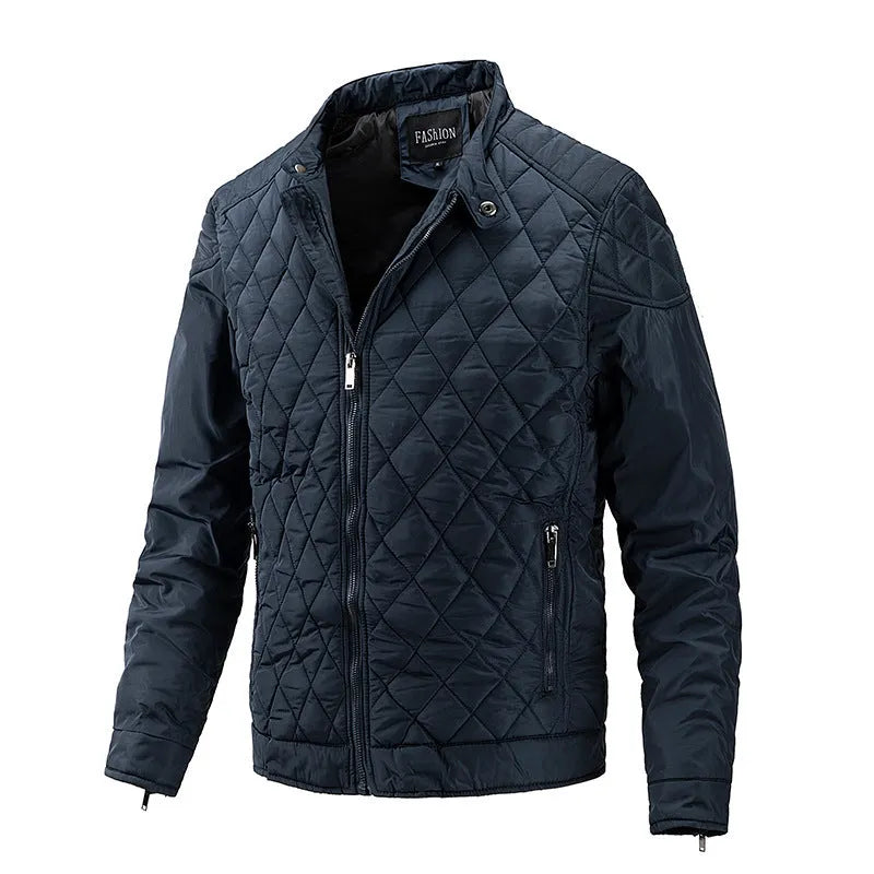 Men's polyester stand collar jacket with zipper, in black, showing front view