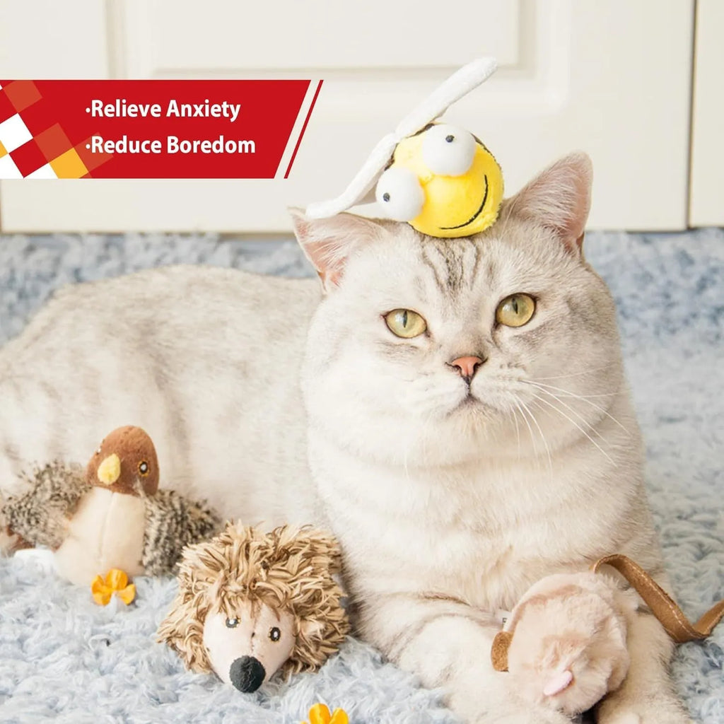 Yellow bee-shaped electronic cat toy with motion-activated chirping sound for indoor pets
