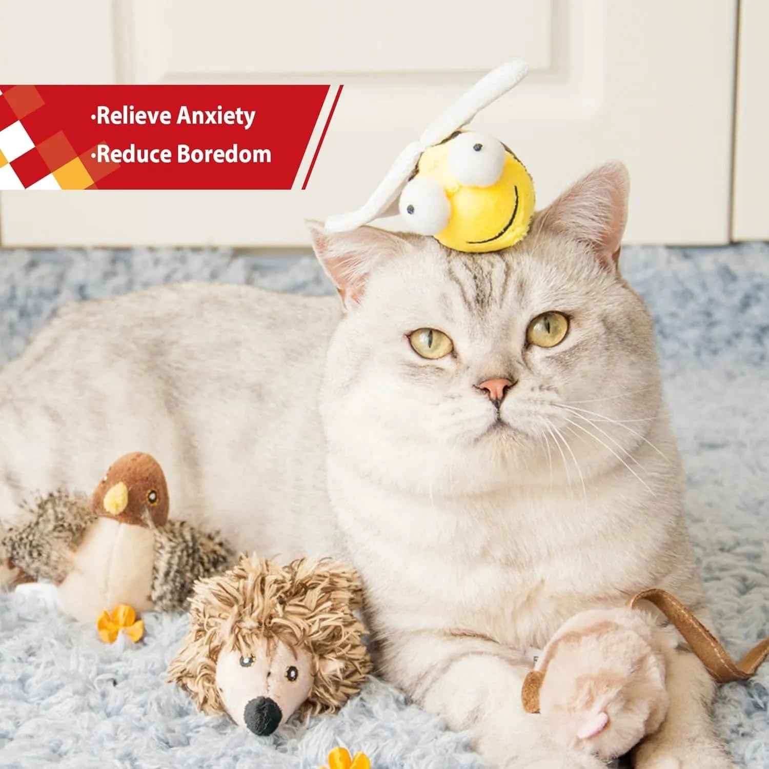 Yellow bee-shaped electronic cat toy with motion-activated chirping sound for indoor pets