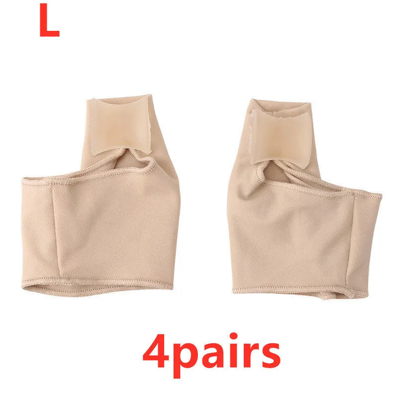 A pair of stretch fabric bunion socks with a soft gel pad and silicone toe separator in sizes small, medium, and large.