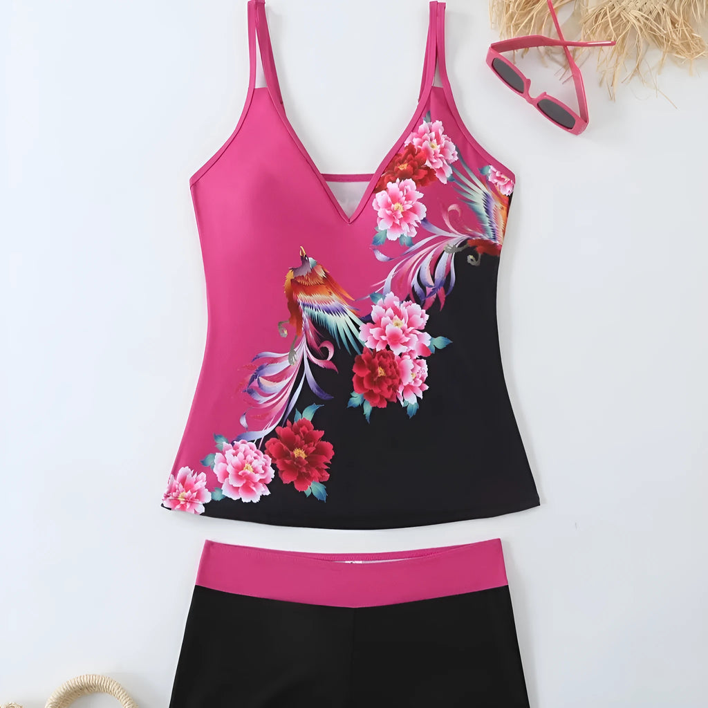 Women's plus size two-piece swimsuit in black or rose red with briefs style design
