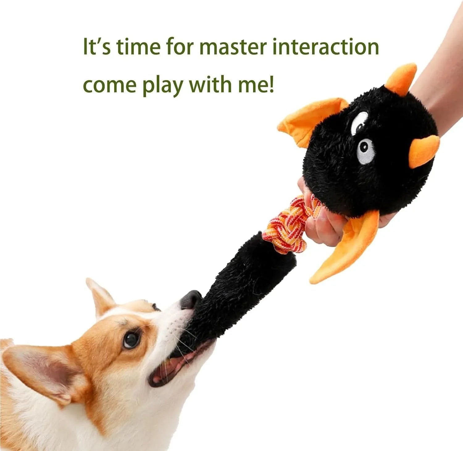 Plush dog toy with cartoon shape, rope knot, in black, green, or red on white background.
