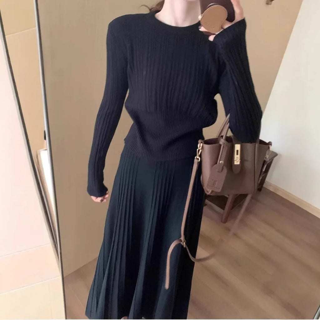 Dark grey artistic retro knitted dress suit with 3D pattern, sweater and skirt set.