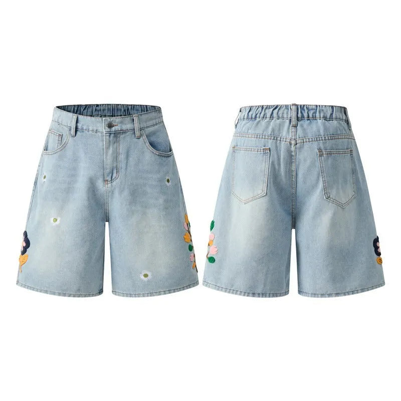 Retro washed cotton workwear shorts with zipper fly in loose fit and fifth pants length