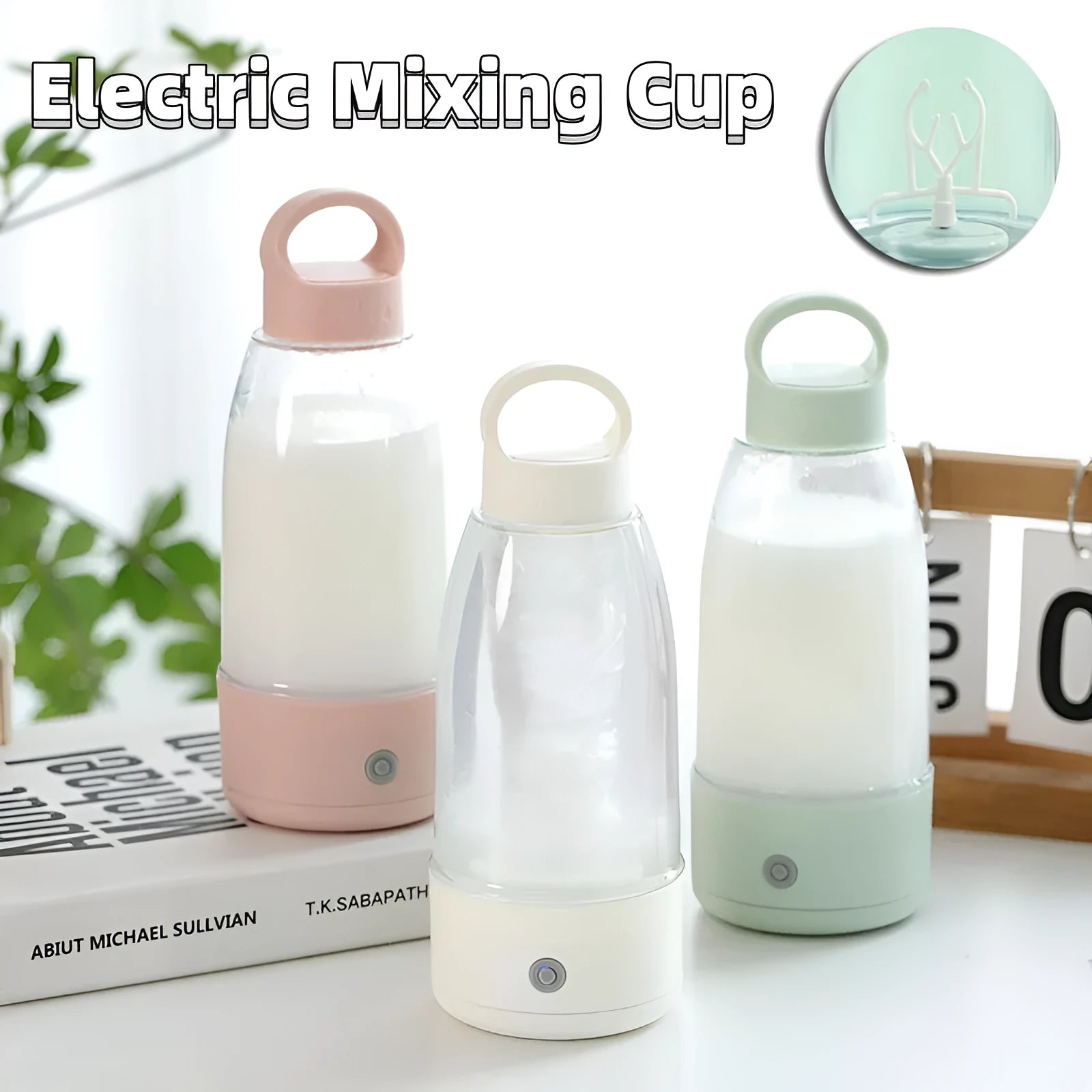 Automatic electric shaker bottle with USB port and handle in green, pink, or white