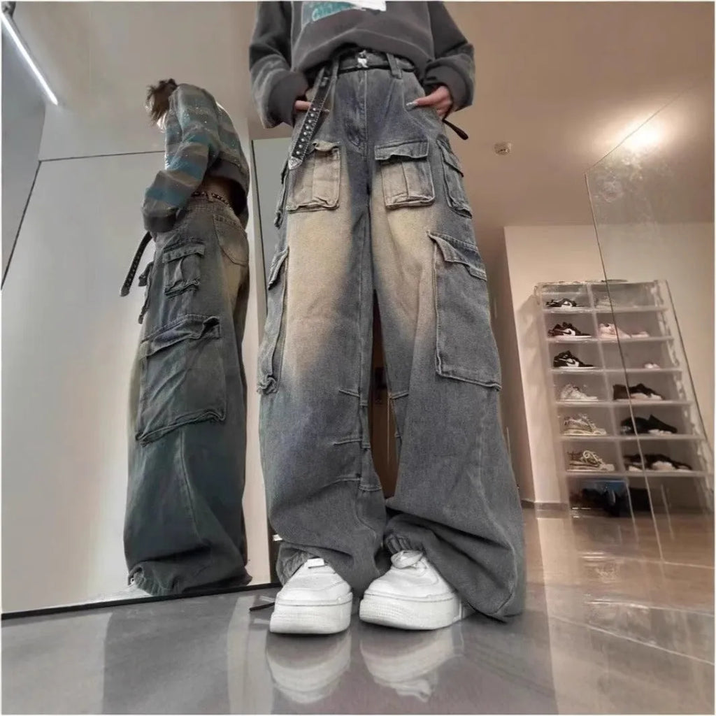 Men's loose fit distressed denim jeans with multiple pockets in street hipster style