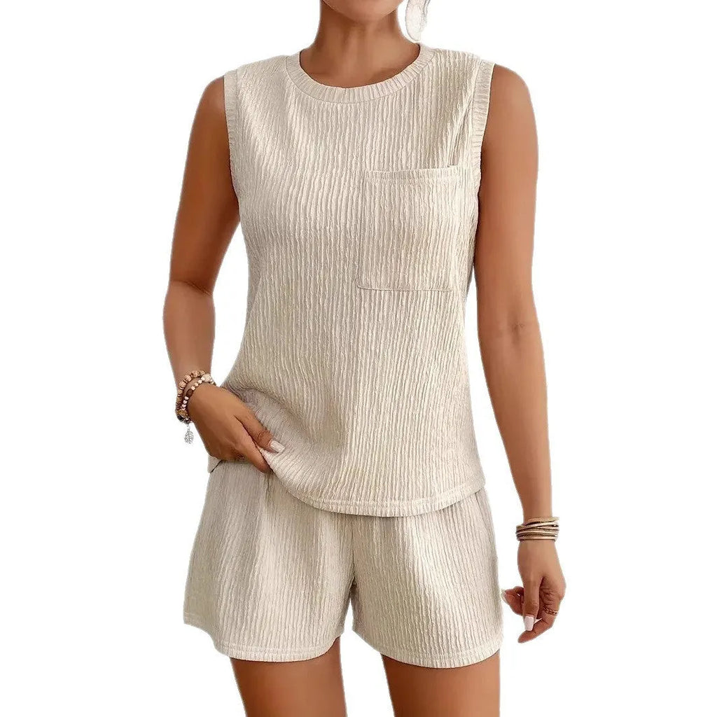Women's apricot sleeveless vest and matching shorts two-piece set on hanger