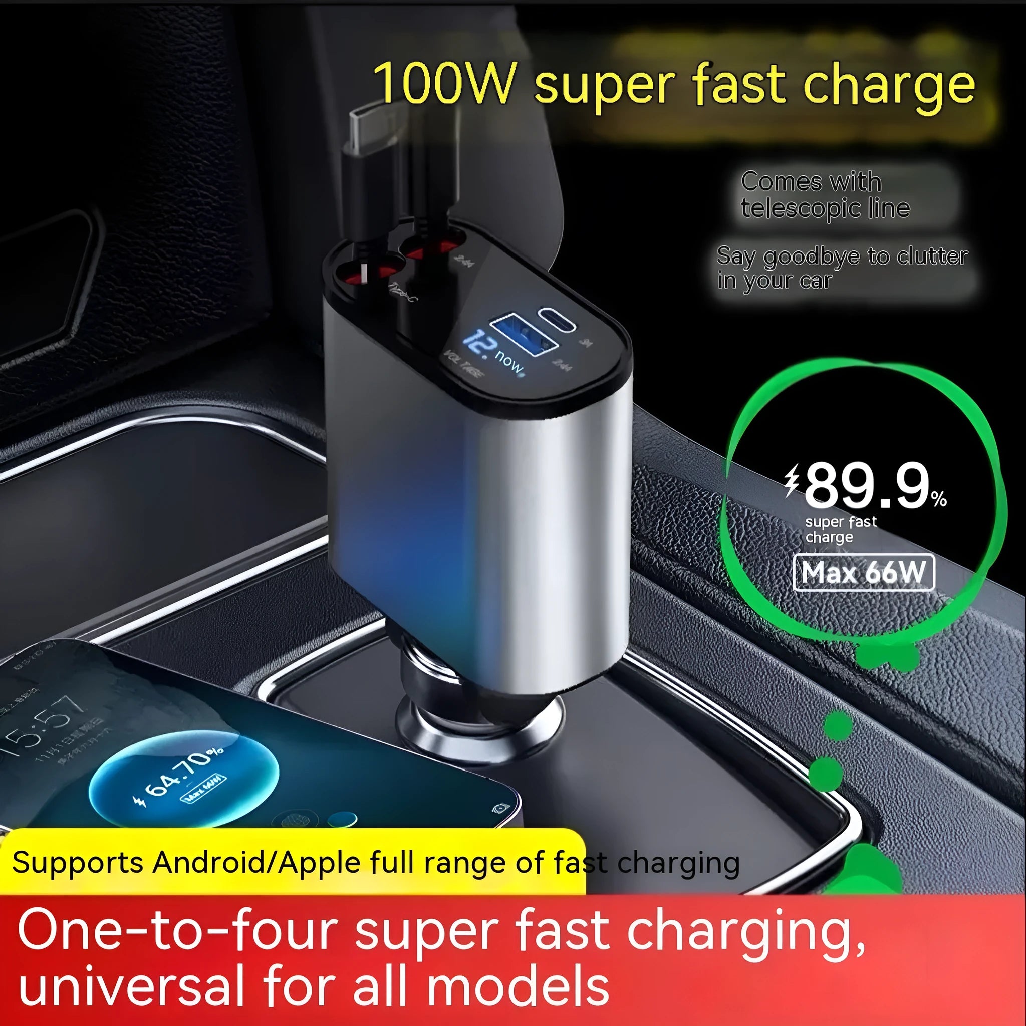 Automatic retractable car charger with cable extended, plugged into a 12V socket