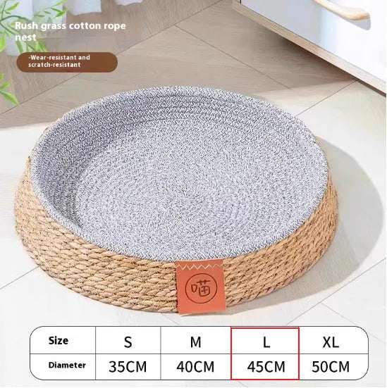 Circular rattan cat bed nest with woven sides, showing breathable construction for pet resting