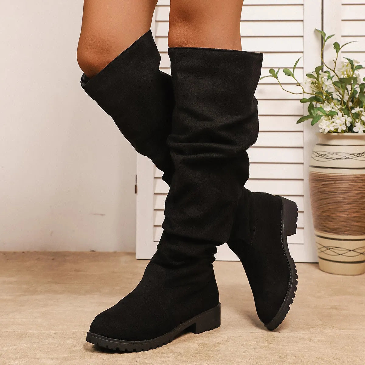 Fleece-lined over-the-knee winter boots for women, low chunky heel, suede upper in beige