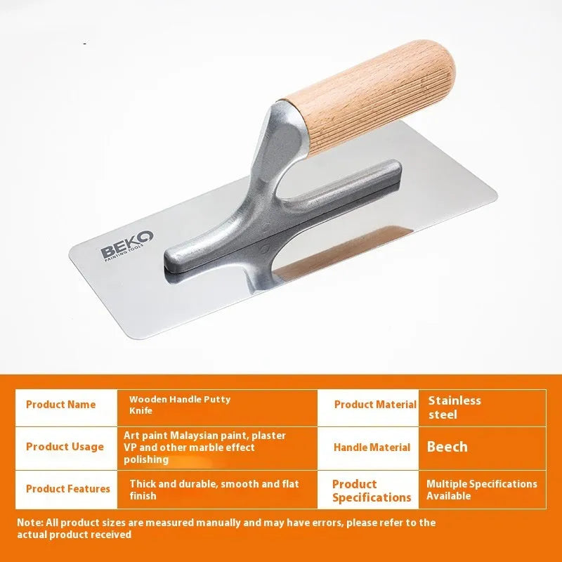 Stainless steel putty scraper with wooden handle shown in three different blade size options